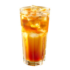 Refreshing milkshake or Thai iced tea in glass with straw isolated on white transparent background, perfect for sunny summer days