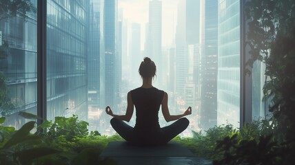 Young woman meditating in zen corner, a green oasis of tranquility, surrounded by bustling metropolis, skyscrapers, city noise, and traffic jams, concept of peace amidst urban chaos.