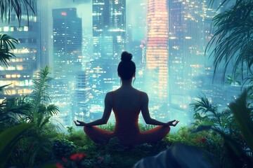 Young woman meditating in zen corner, a green oasis of tranquility, surrounded by bustling metropolis, skyscrapers, city noise, and traffic jams, concept of peace amidst urban chaos.