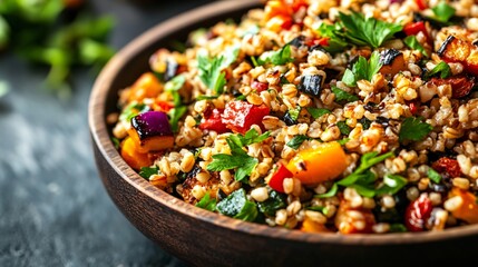 Close-up of a wooden bowl filled with a healthy and colorful salad of roasted vegetables and grains.