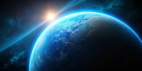 Obraz premium A Blue Planet Rises From the Darkness of Space, Digital Painting, Illustration, Blue Planet, Space, Universe