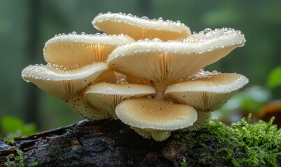 Delicate Mushrooms Glisten With Raindrops in a Lush Forest Setting During Early Morning Hours