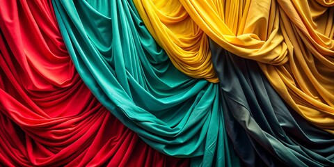 Abstract Draped Fabric in Vibrant Hues Red, Teal, Yellow, and Gray, Abstract, Fabric, Texture