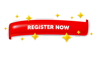 Red ribbon banner with 3d stars. Register now. Join today sign. Free subscribe symbol. Register now ribbon message. Flag frame banner with star. Label badge template. Vector