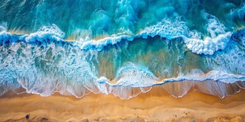 Naklejka premium Aerial View of Turquoise Waves Crashing on Golden Sand Beach, Drone Photography, Coastal Landscape, Ocean Waves, Beach Scene, Vacation, Summer