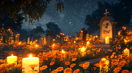 Obraz premium Cemetery at Night with Candlelight and Marigold Flowers for Day of the Dead. AI generative.