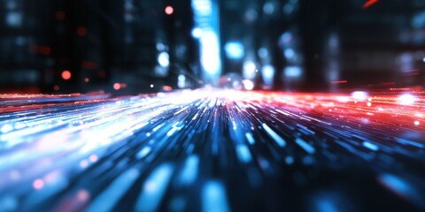 An abstract visual representation of streaking lights in motion, combining blue and red tones to create a dynamic sense of speed and movement, evoking futuristic concepts.