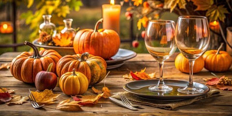 Autumnal Table Setting with Pumpkins and Wine Glasses, Fall , Thanksgiving , Harvest