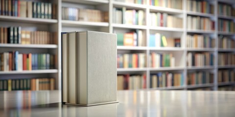 Book on a Table with a Bookshelf in the Background, Book, Bookshelf, Library