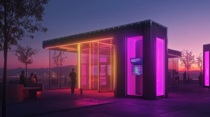 Futuristic Neon Kiosk at Sunset.