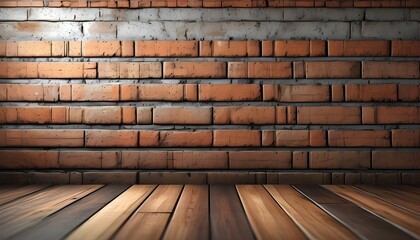 Rustic charm of a brick wall against a warm wooden floor in a digitally crafted scene