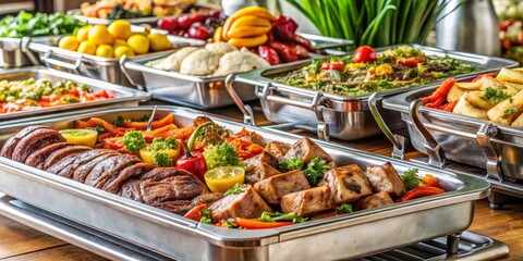 Close-up of a Buffet Table Featuring Roasted Meat, Vegetables, and Bread, Buffet, Catering, Food, Delicious