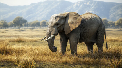 Obraz premium adult elephant standing in a grassy savanna with mountains in the background. The elephant has large tusks, wrinkled skin, and big ears, set against a serene natural landscape
