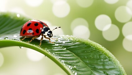 Fototapeta premium ladybug on green leaf