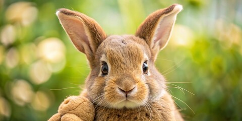 Fototapeta premium Close-up Portrait of a Brown Bunny with Soft Green Bokeh Background, Photography, Pet, Animal, Nature, ,rabbit