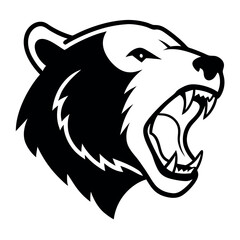 a black and white illustration of a bear's head. The bear's face is facing towards the right side of the image, with its mouth open wide, showing sharp teeth and sharp claws