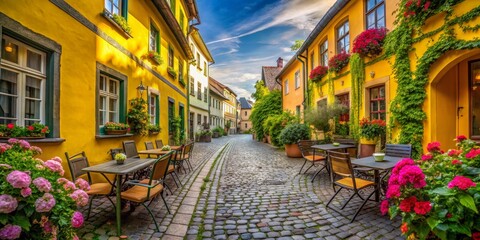Fototapeta premium Cobblestone Street Cafe with Vibrant Flowers, Colorful Buildings and a Sunny Sky, Germany, cafe, europe, cobblestone