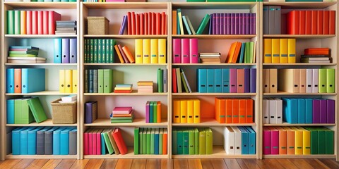 Colorful Books and Folders on Bookshelf, book, folder, organization