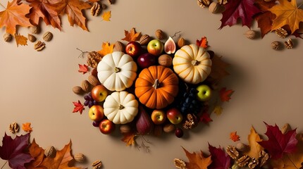 Fototapeta premium A festive Thanksgiving background featuring pumpkins, apples, and various autumn fruits in warm, inviting colors. 