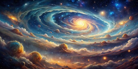 Cosmic Cloudscape with Spiral Galaxy, Digital Art, Space, Stars, Nebula, Galaxy, Planets