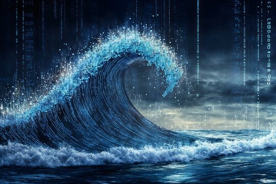 Binary Data Wave. The Convergence of Nature and Technology in a Futuristic Oceanic Scene