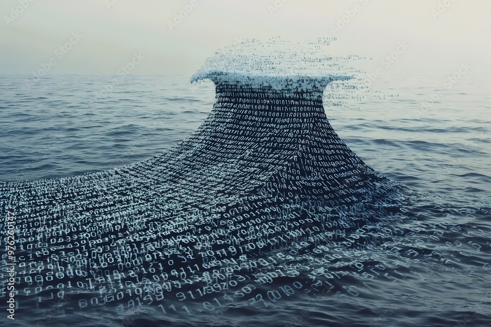 Poster Binary Tsunami. The Convergence of Digital Binary Code and Oceanic Power in a Surreal Technological Wave