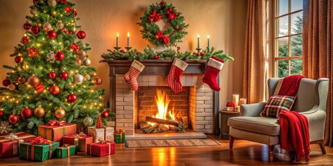 Cozy Christmas Fireplace with Decorated Tree, Wide Shot, Christmas Tree, Fireplace, Festive, Christmas Decorations