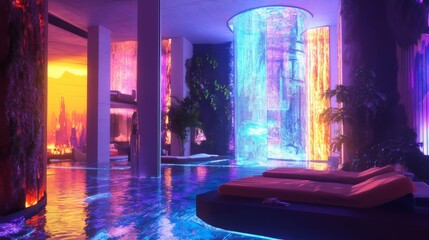 Futuristic Indoor Pool with Colorful Lighting.