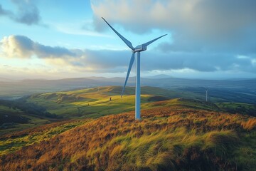 A community wind project in a rural area with turbines turning in a light breeze, showcasing local involvement in sustainable electricity