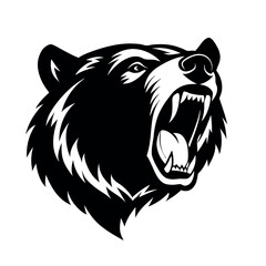 a black and white illustration of a bear's head. The bear's face is facing towards the right side of the image, with its mouth open wide, showing sharp teeth and sharp claws