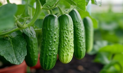 Fresh Cucumbers Growing on Vines in a Sunny Greenhouse During the Summer Harvesting Season