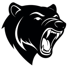 a black and white illustration of a bear's head. The bear's face is facing towards the right side of the image, with its mouth open wide, showing sharp teeth and sharp claws