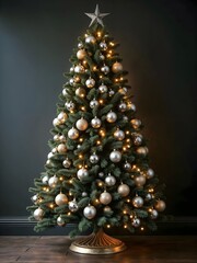 An elegant Christmas tree adorned with silver and gold ornaments, twinkling lights in a festive interior setting.