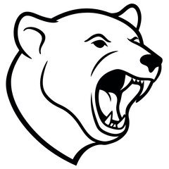 a black and white illustration of a bear's head. The bear's face is facing towards the right side of the image, with its mouth open wide, showing sharp teeth and sharp claws