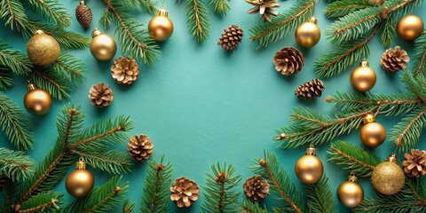 Golden Christmas Baubles and Pine Branches on Turquoise Background, Christmas, Holiday Decor, Festive