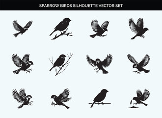 Black Sparrow Silhouette Vector Illustration on Transparent Background