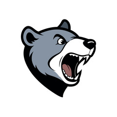 a black and white illustration of a bear's head. The bear's face is facing towards the right side of the image, with its mouth open wide, showing sharp teeth and sharp claws