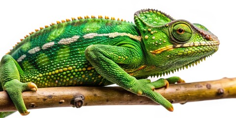 Fototapeta premium Green Veiled Chameleon on a Branch, Close-up, Isolated, Reptile, Lizard, Chameleon