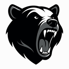 a black and white illustration of a bear's head. The bear's face is facing towards the right side of the image, with its mouth open wide, showing sharp teeth and sharp claws