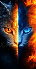 Beautiful Split Image of a Cat's Face Surrounded by Fire and Ice Colors Showcasing Duality