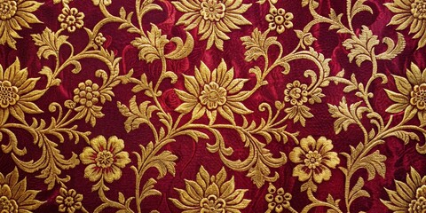 Intricate Golden Floral Embroidered Design on Red Velvet Fabric, floral pattern, embroidery, fabric texture