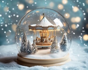 Boule à neige illuminée avec manège en bois et sapins