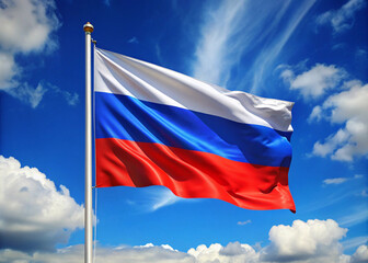 A majestic Russian flag waves intensely in the strong wind, proudly standing out against a dramatic dark cloudy sky, evoking feelings of patriotism and strengt