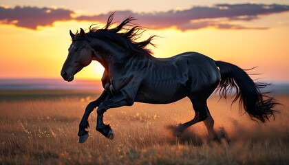 Majestic black horse galloping across a sunlit field during a stunning sunset