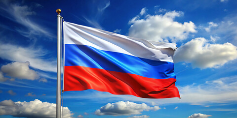A majestic Russian flag waves intensely in the strong wind, proudly standing out against a dramatic...