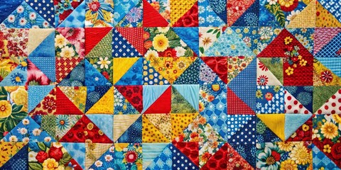 Fototapeta premium Patchwork Quilt A Symphony of Floral Fabrics, Blue, Yellow, and Red, quilt, patchwork, floral