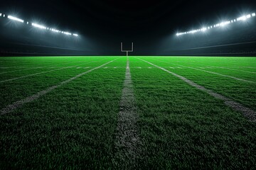 A green American football field with bright stadium lights, against a black background, captured from a wide-angle perspective, in a photorealistic style.