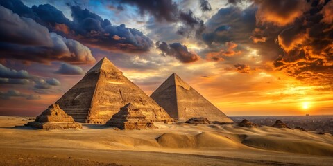 Pyramids at Sunset with Dramatic Sky, Digital Painting, Two Pyramids, Egypt, Desert, Sun, Clouds