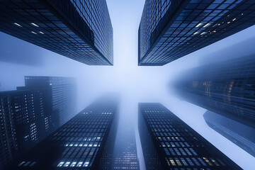 Skyward view of modern skyscrapers in fog