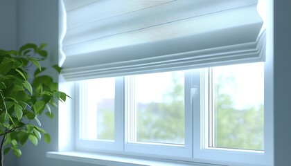 Fototapeta premium Bright Indoor Window With White Shades and a Green Plant on a Sunny Day